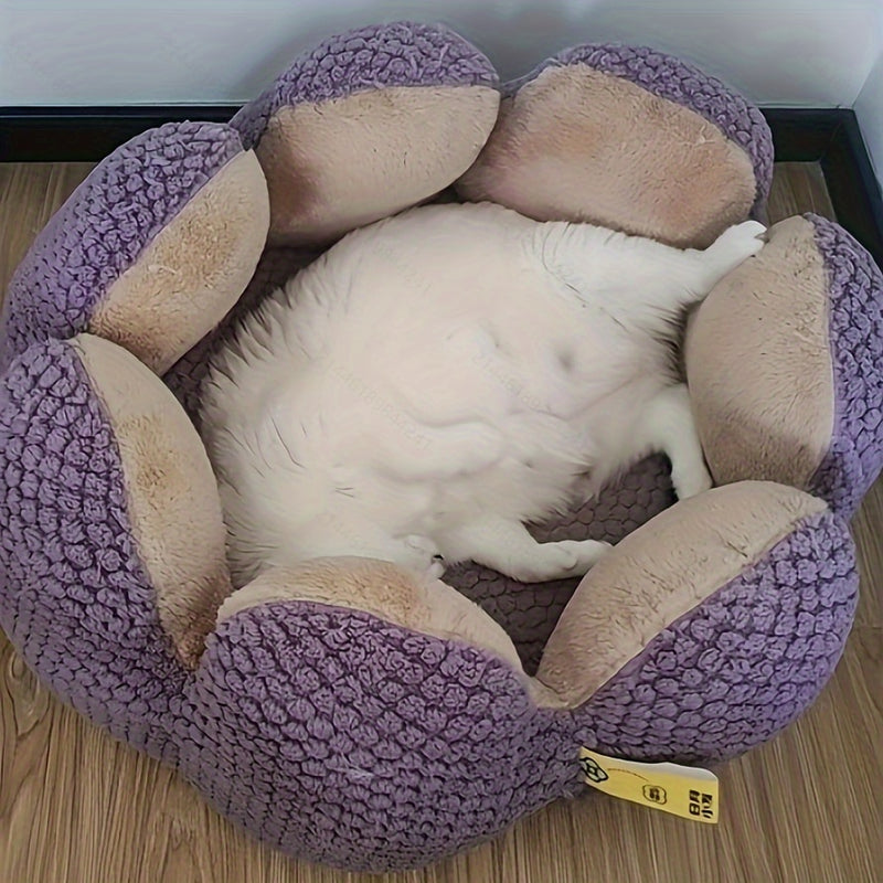 Cama Confortável para Gato em Forma de Pétala de Pelúcia -  Verde com Textura Tricotada, Enchimento de Poliéster | Cama em Forma de Pétala | Cama Confortável para Pets