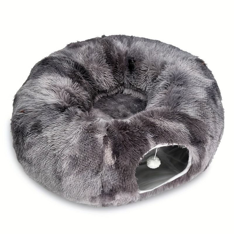Túnel para Gatos com Cama – Túnel de Brincar com Tapete, Pelúcia Longa, Sono Profundo, Removível e Lavável, Passagem para Gatos Conectável e Multifuncional.