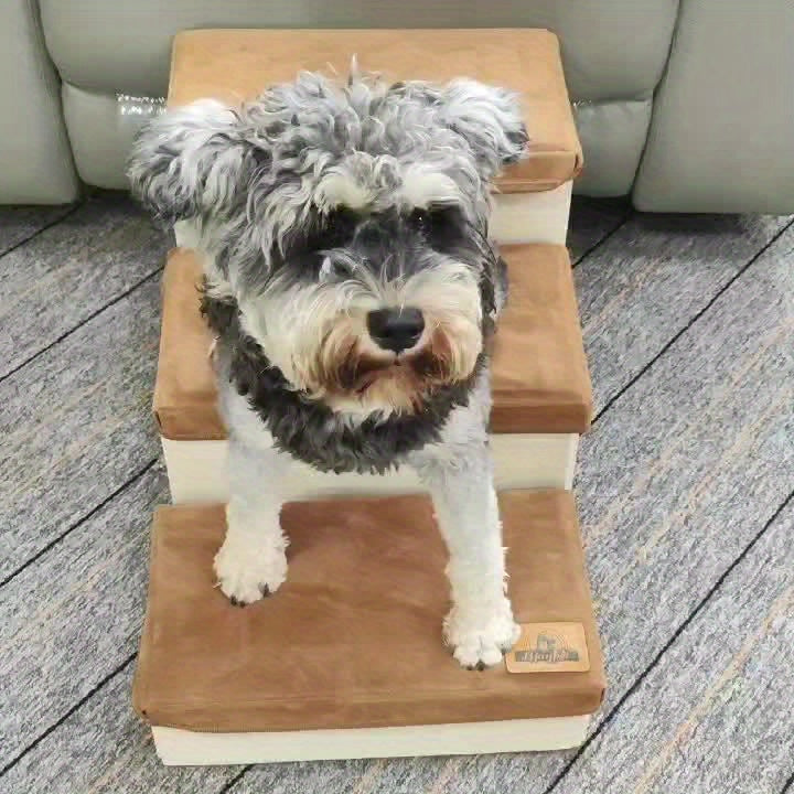 Escada Pet Dobrável com 3 Degraus e Espaço de Armazenamento | Superfície Antiderrapante e Degraus Acolchoados em Plush | Ideal para Cães de Pequeno, Médio e Grande Porte
