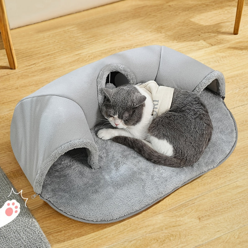Túnel Cama Confortável 3 em 1 para Gatos – Tapete de Brincar e Ninho Quente com Base Antiderrapante para Gatos Pequenos a Médios, Coelhos e Hamsters.