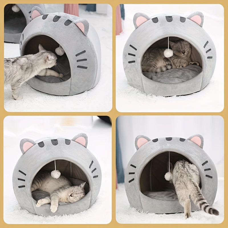 Cama Caverninha para Gato Confortável, Estilo Clássico em Fibra de Poliéster, Casinha para Gatinhos de Tamanho Pequeno, Tenda Interna para Pets com Almofada, Cama Aconchegante e Quente para Gatos.