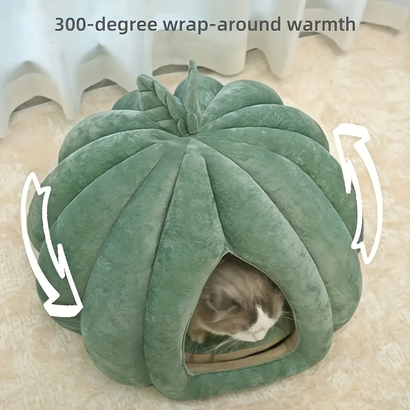 Cama Confortável para Gatos em Formato de Abóbora Verde – Pelúcia Espessa com Enchimento de PP, Fácil de Montar | Cama de Pelúcia para Gatos | Forro Interno de Pelúcia.