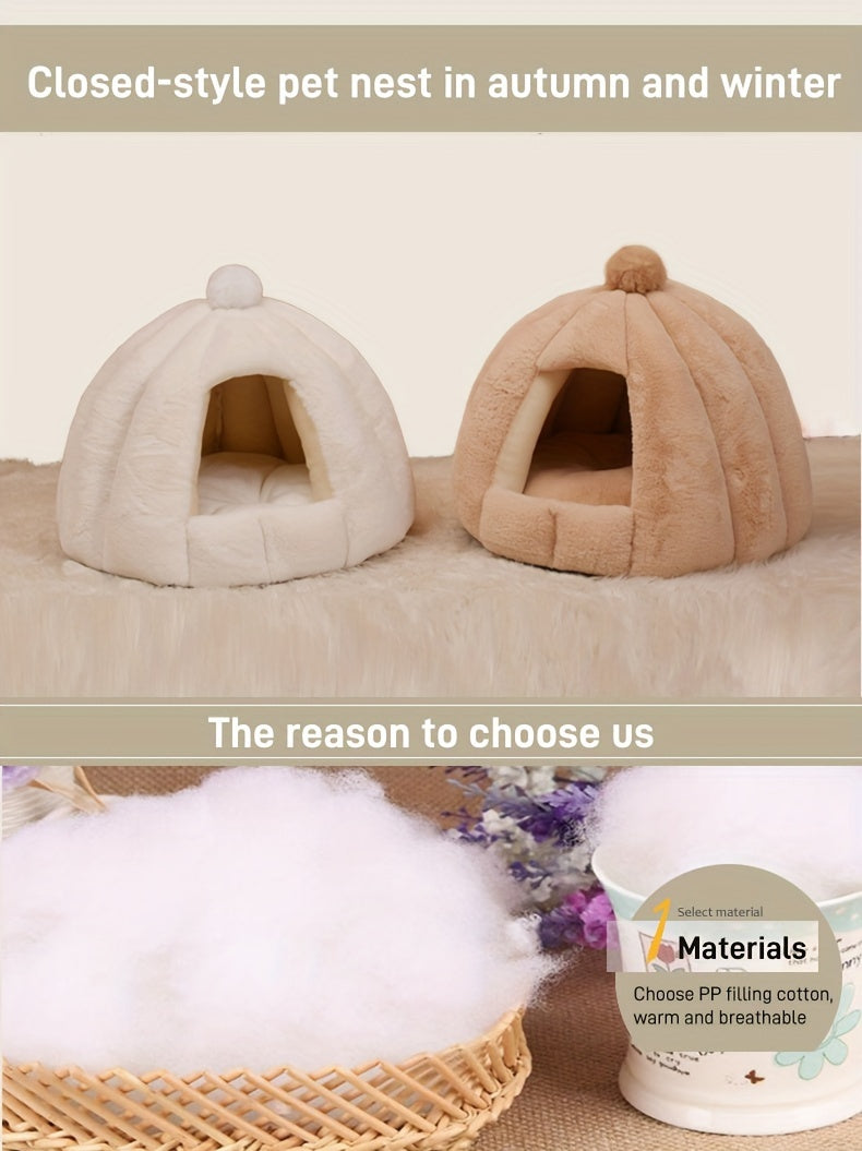 Casinha Confortável de Pelúcia - Material Macio em PP, Pré-Montada, Cama Quente e Aconchegante para Gatos e Cães Pequenos.