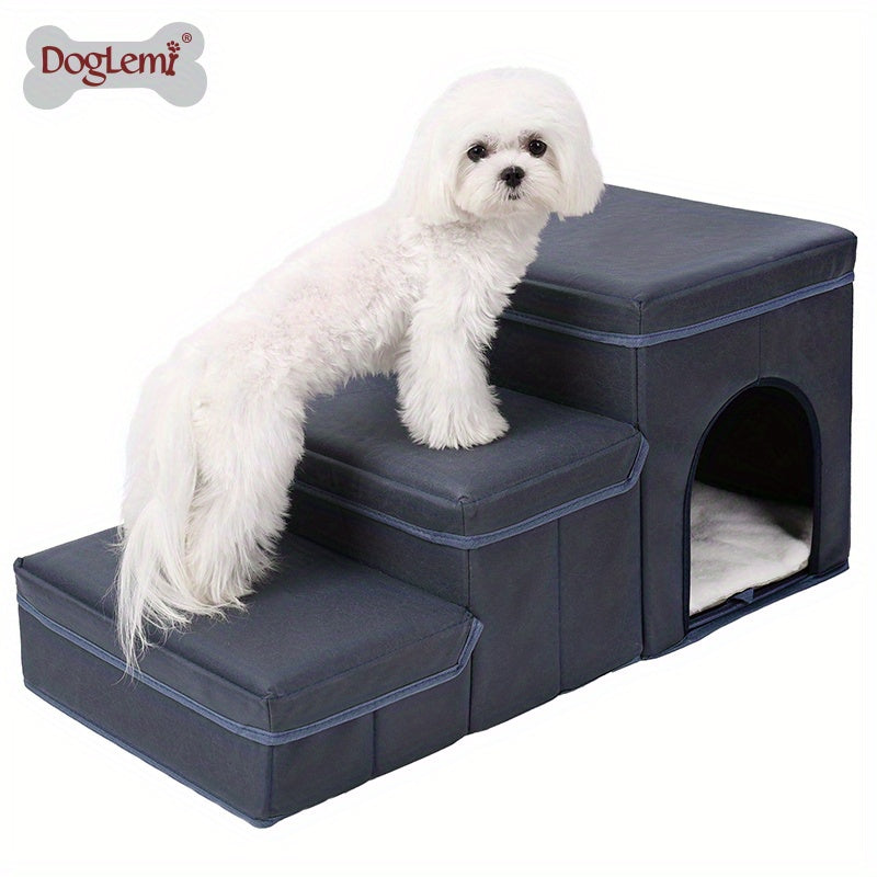 Escada Pet Dobrável para Cães de Pequeno e Mini Porte | Degraus em Poliéster com 2 Caixas Organizadoras | Acesso Fácil para Camas e Sofás