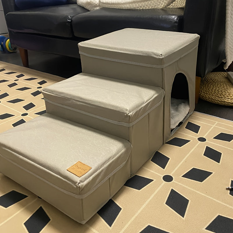 Escada Pet Dobrável para Cães de Pequeno e Mini Porte | Degraus em Poliéster com 2 Caixas Organizadoras | Acesso Fácil para Camas e Sofás