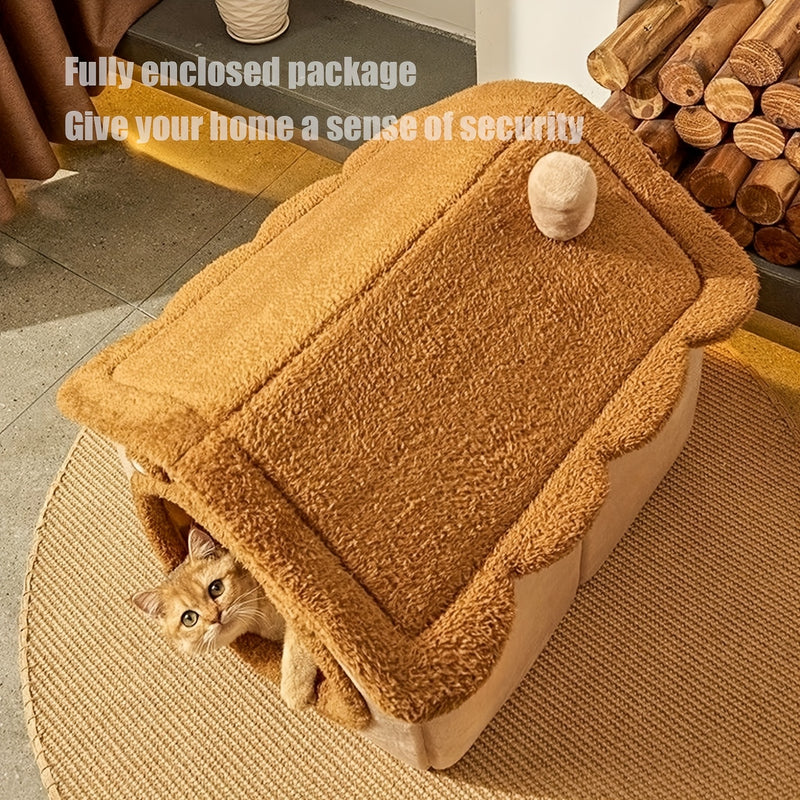 Casa Única para Pets em Estilo Vila Pequena Com Forro de Fleece Ártico e Fleece Curto, Fundo Antiderrapante Removível e Lavável, Ideal para Gatos e Cães Ultra-Pequenos, Pequenos e Médios.
