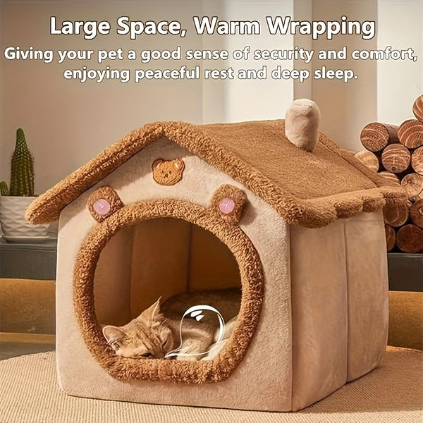 Casa Única para Pets em Estilo Vila Pequena Com Forro de Fleece Ártico e Fleece Curto, Fundo Antiderrapante Removível e Lavável, Ideal para Gatos e Cães Ultra-Pequenos, Pequenos e Médios.