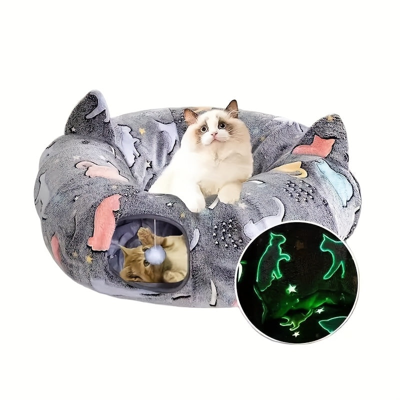 Túnel para Gatos com Cama – Túnel de Brincar com Tapete, Pelúcia Longa, Sono Profundo, Removível e Lavável, Passagem para Gatos Conectável e Multifuncional.