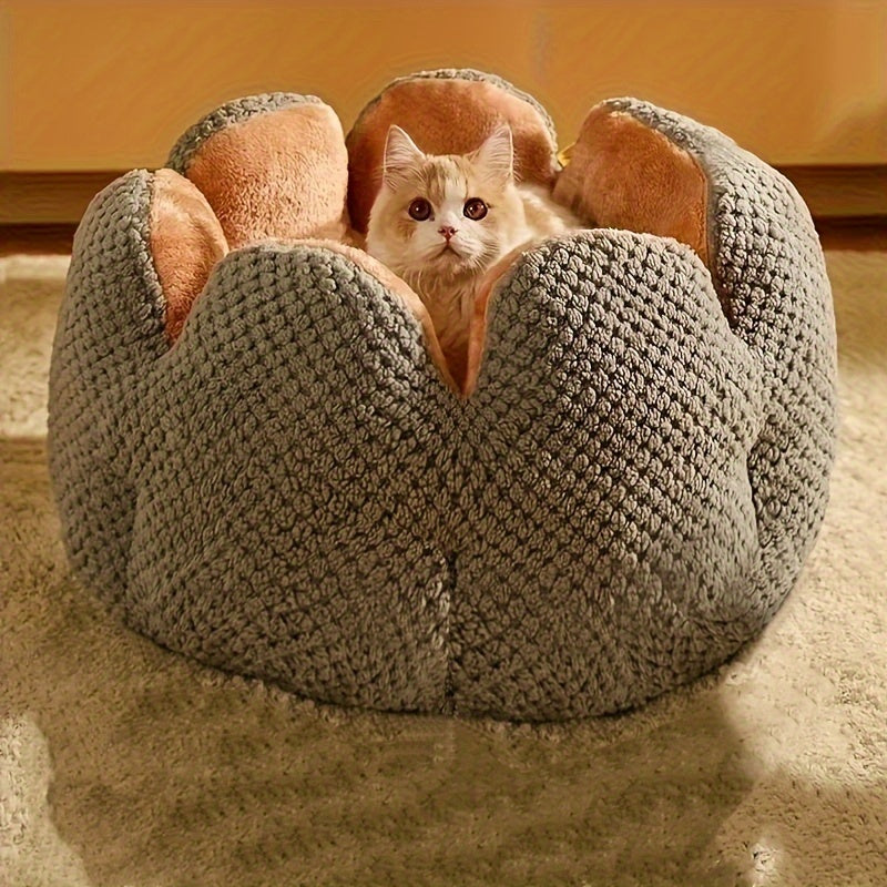Cama Confortável para Gato em Forma de Pétala de Pelúcia -  Verde com Textura Tricotada, Enchimento de Poliéster | Cama em Forma de Pétala | Cama Confortável para Pets