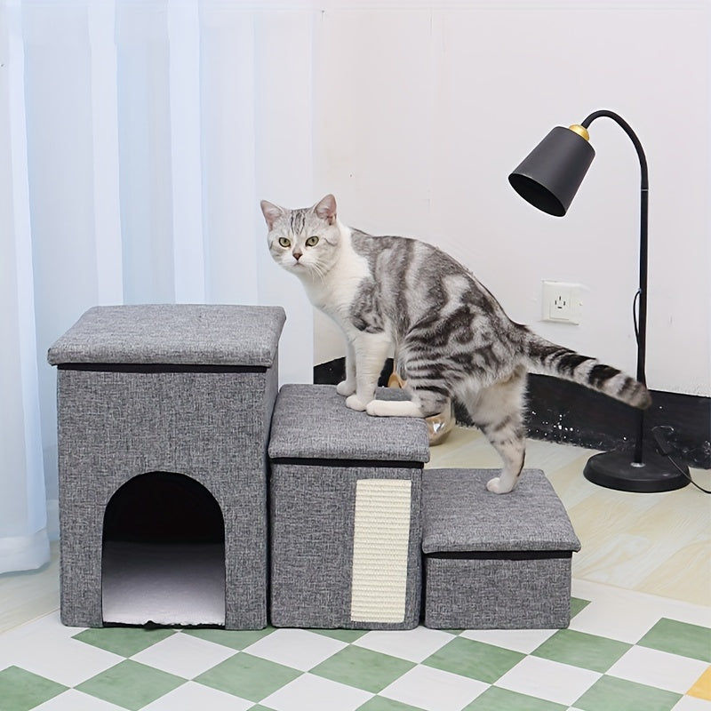 Casinha Multifuncional para Gatos com Escada de 3 Degraus | Sofá-Cama Dobrável para Gatos | Escada Antiderrapante |