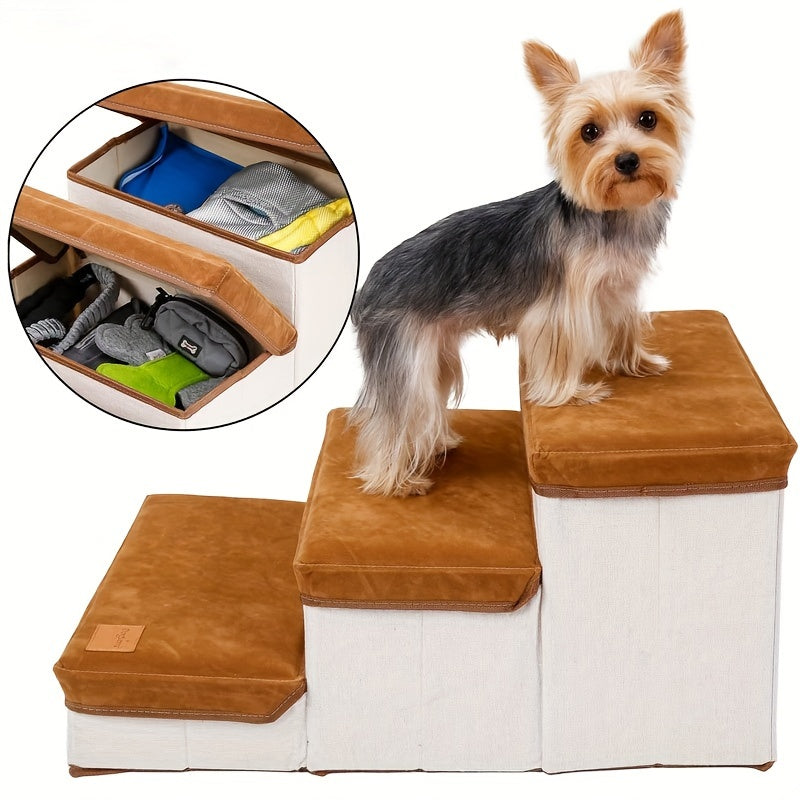 Escada Pet Dobrável com 3 Degraus e Espaço de Armazenamento | Montagem Fácil | Rampa Compacta para Cães e Gatos | Ideal para Camas e Sofás Altos