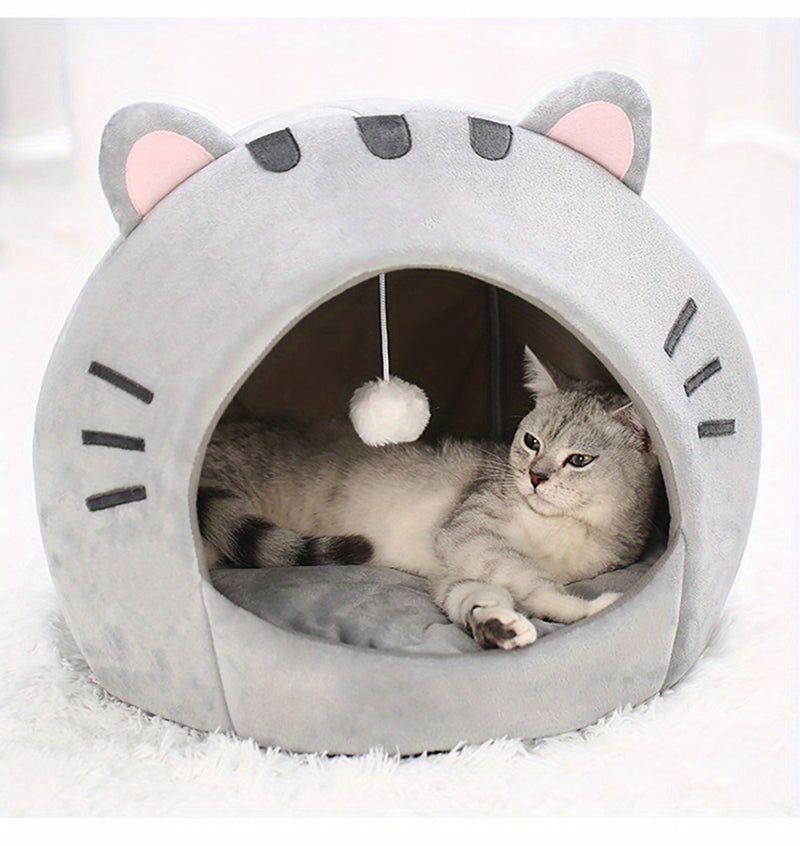 Grande Cama Caverninha Confortável para Gatos de Interior – Cama para Gato com Capuz de Pelúcia Cinza com Orelhas Cor-de-Rosa Adoráveis, Interior Macio e Almofada Removível e Lavável – Perfeita para Aconchegar e Cochilar, Camas para Gatos.