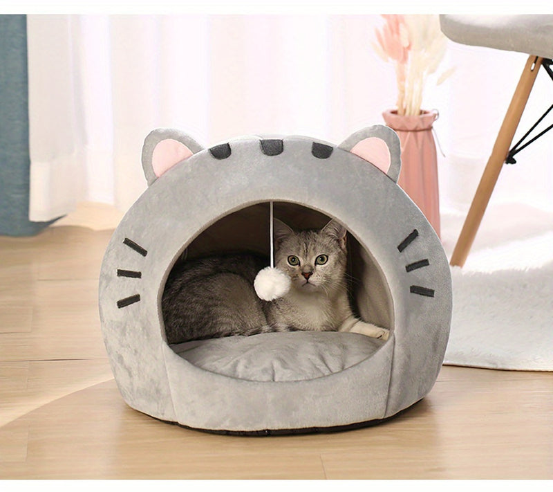 Grande Cama Caverninha Confortável para Gatos de Interior – Cama para Gato com Capuz de Pelúcia Cinza com Orelhas Cor-de-Rosa Adoráveis, Interior Macio e Almofada Removível e Lavável – Perfeita para Aconchegar e Cochilar, Camas para Gatos.