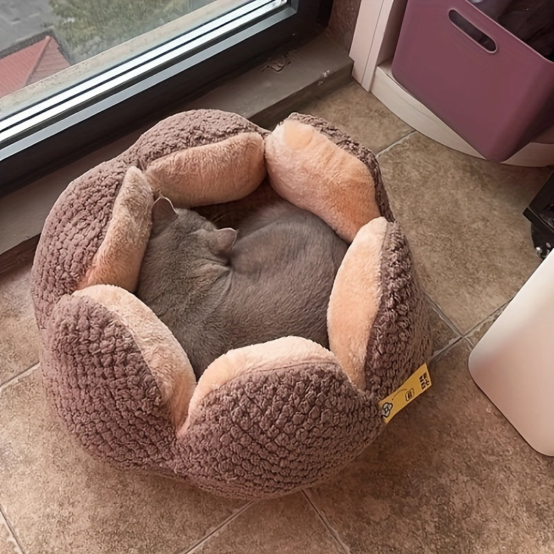 Cama Confortável para Gato em Forma de Pétala de Pelúcia -  Verde com Textura Tricotada, Enchimento de Poliéster | Cama em Forma de Pétala | Cama Confortável para Pets