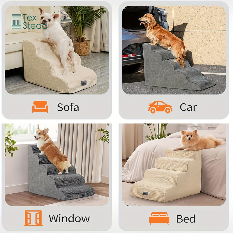Escada Pet com 3 ou 4 Degraus – Para Cães de Pequeno Porte | Rampa com Superfície Antiderrapante, Capa Removível e Lavável | Ideal para Cães Idosos, Machucados ou com Dores nas Articulações