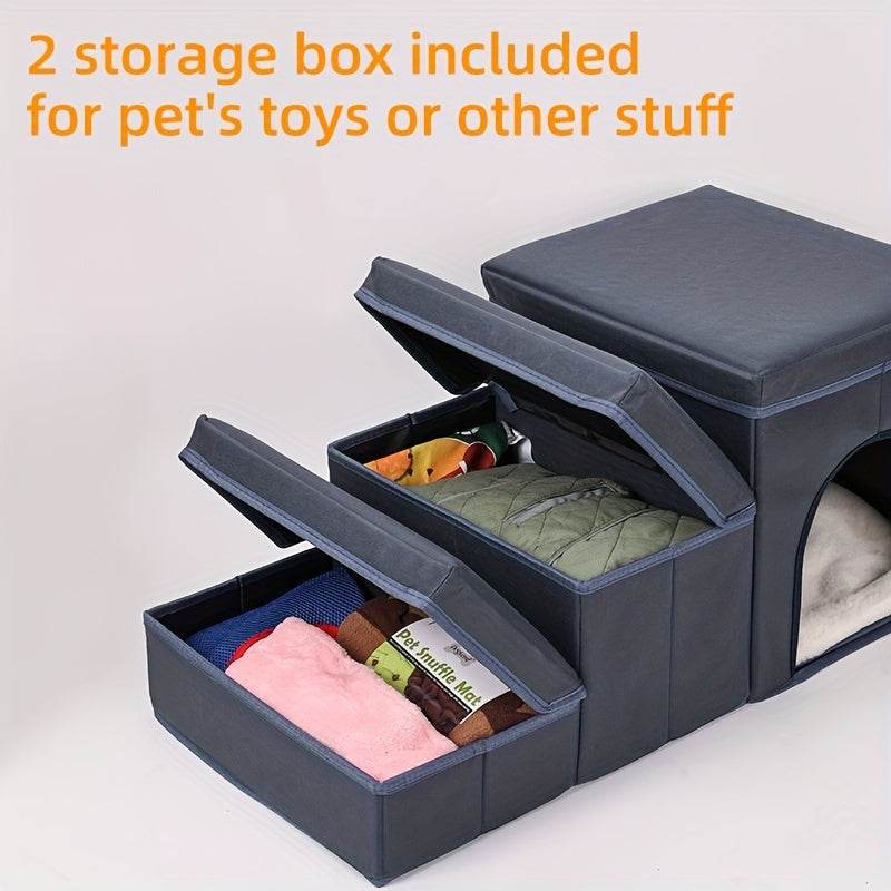 Escada Pet Dobrável para Cães de Pequeno e Mini Porte | Degraus em Poliéster com 2 Caixas Organizadoras | Acesso Fácil para Camas e Sofás