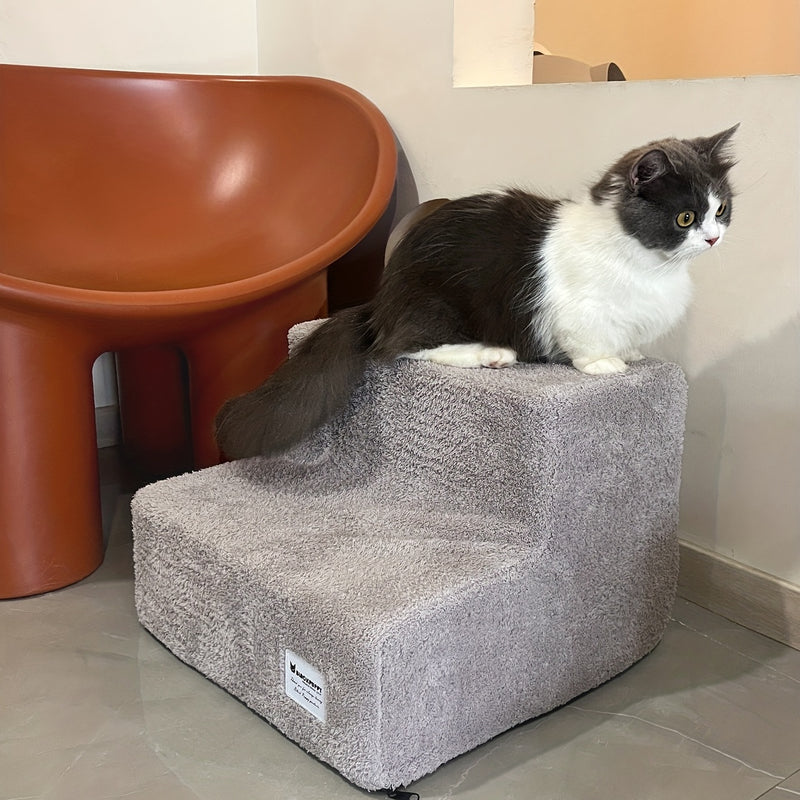 Escada Pet com 2 Degraus – Para Camas e Sofás Altos | Tecido Plush Cinza, Estrutura em Espuma | Design Aconchegante para Cães e Gatos de Pequeno Porte