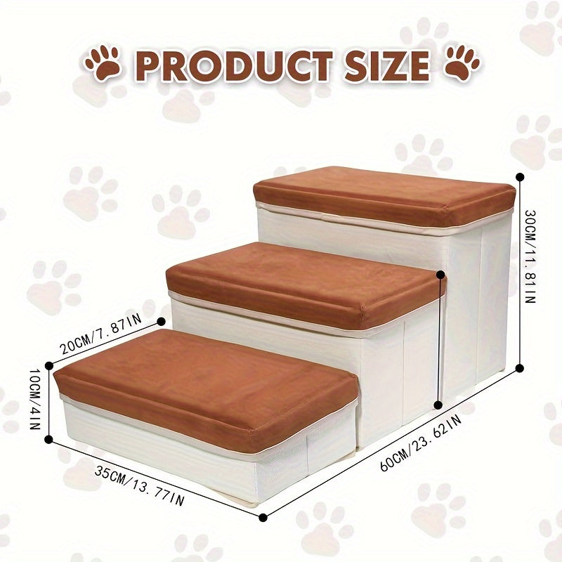 Escada Pet Dobrável com 3 Degraus e Espaço de Armazenamento | Montagem Fácil | Rampa Compacta para Cães e Gatos | Ideal para Camas e Sofás Altos