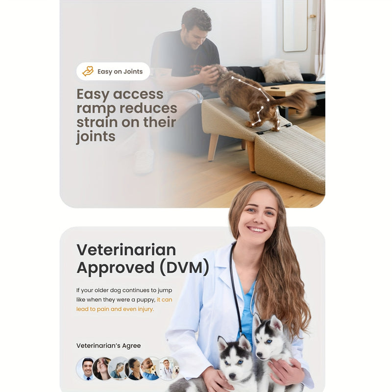 Rampa e Escada Pet Dobrável – Para Cães de Pequeno e Médio Porte | Altura de 38,1cm | Inclinação Segura de 17,7° | Feita em Madeira Reciclada, com Base Antiderrapante