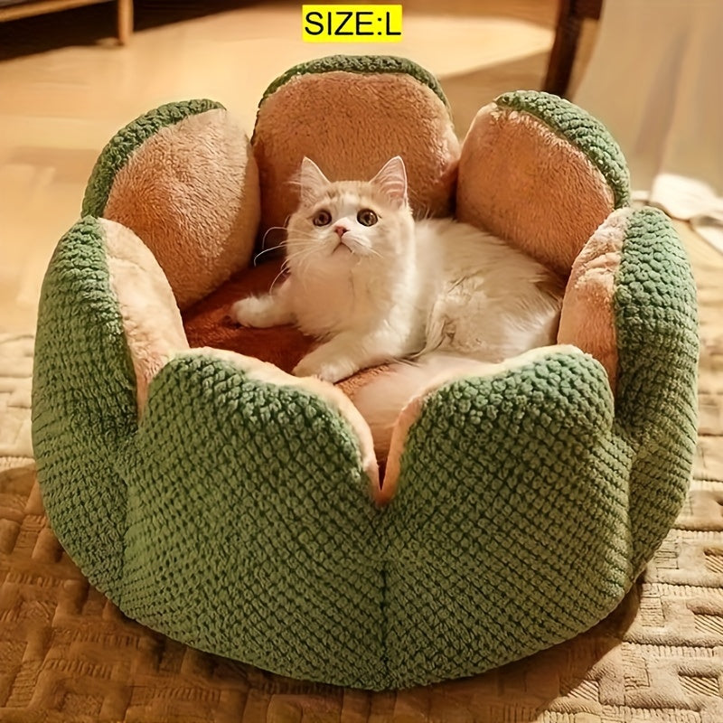 Cama Confortável para Gato em Forma de Pétala de Pelúcia -  Verde com Textura Tricotada, Enchimento de Poliéster | Cama em Forma de Pétala | Cama Confortável para Pets