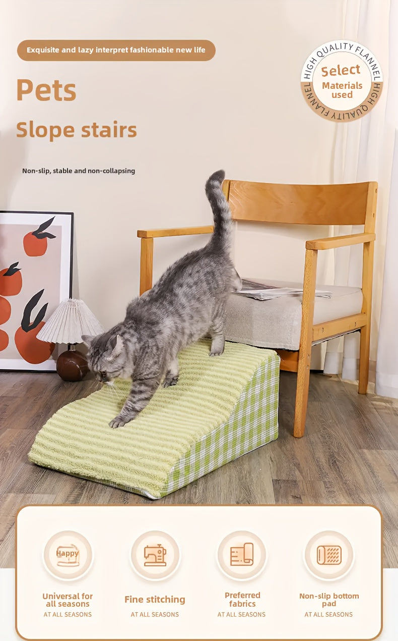 Rampa para Pets com 3 Degraus Antiderrapante para Cães de Pequeno a Grande Porte – Capa de Poliéster Xadrez Lavável com Revestimento Removível, Azul Claro, Bege e Verde, Ideal para Ambientes com Piso de Madeira, Degraus para Cães