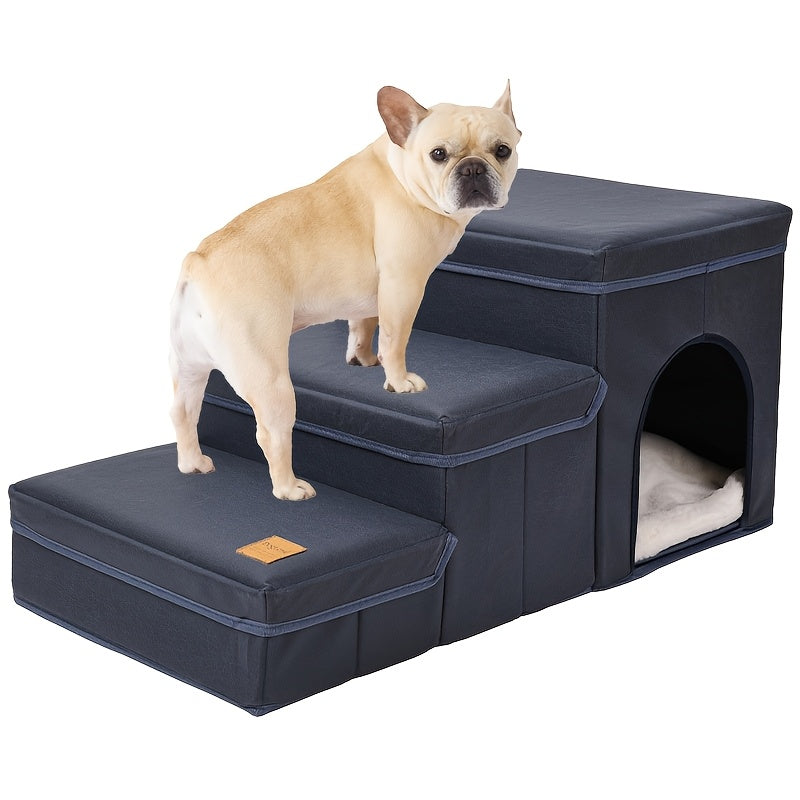 Escada Pet Dobrável com 3 Degraus e Espaço de Armazenamento | Rampa Antiderrapante para Sofás e Camas Altas