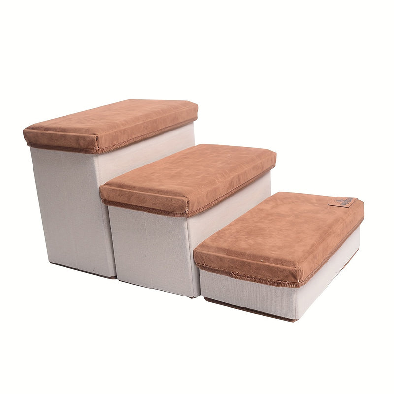 Escada Pet Dobrável com 3 Degraus e Espaço de Armazenamento | Superfície Antiderrapante e Degraus Acolchoados em Plush | Ideal para Cães de Pequeno, Médio e Grande Porte
