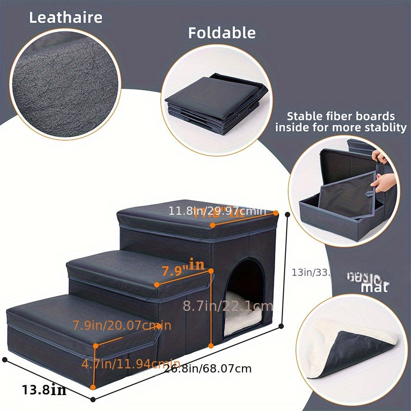 Escada Pet Dobrável para Cães de Pequeno e Mini Porte | Degraus em Poliéster com 2 Caixas Organizadoras | Acesso Fácil para Camas e Sofás