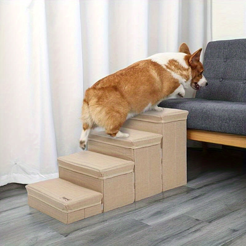 Escada Pet com 4 Degraus, Superfície Antiderrapante e Espaço de Armazenamento | Ideal para Cães de Pequeno, Médio e Grande Porte e Gatos Idosos