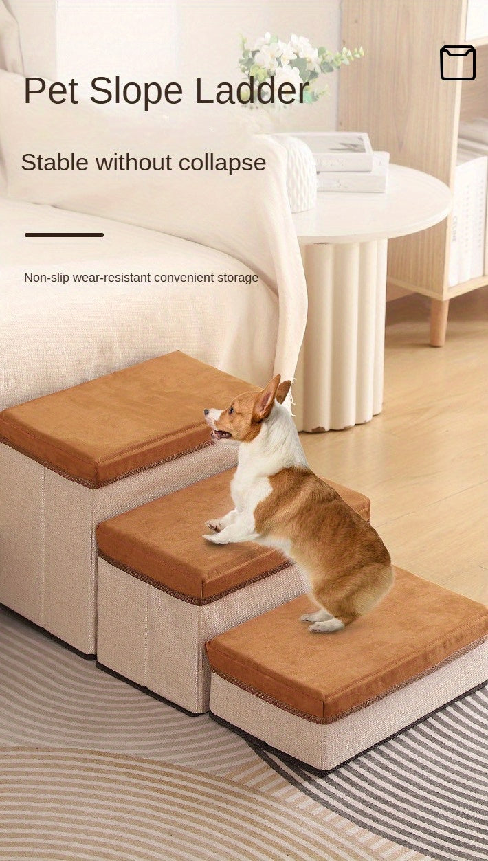 Escada Pet Dobrável com 3 Degraus e Armazenamento com Zíper | Degraus Acolchoados em Tecido Cinza | Superfície Antiderrapante | Ideal para Cães de Pequeno e Médio Porte