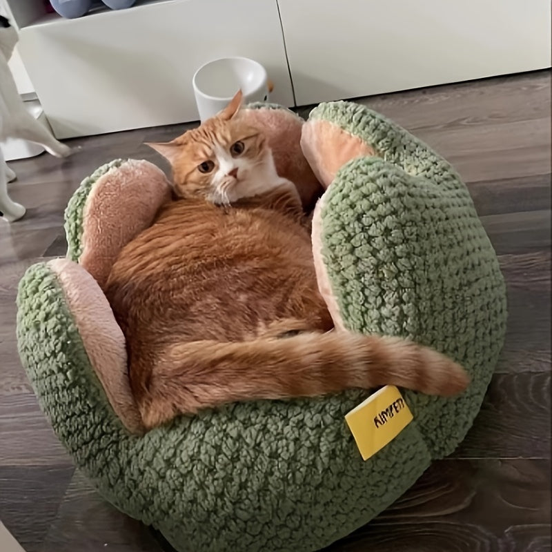 Cama Confortável para Gato em Forma de Pétala de Pelúcia -  Verde com Textura Tricotada, Enchimento de Poliéster | Cama em Forma de Pétala | Cama Confortável para Pets