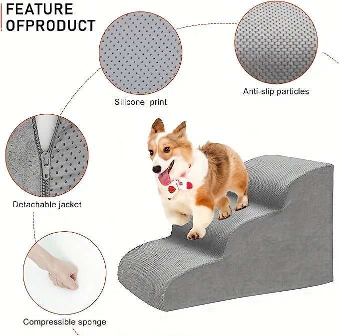 Escada Pet Extra Larga com 3 Degraus – Espuma de Alta Densidade e Base Antiderrapante | Ideal para Cães de Pequeno Porte, Idosos ou em Recuperação | Acesso Fácil a Camas e Sofás Altos