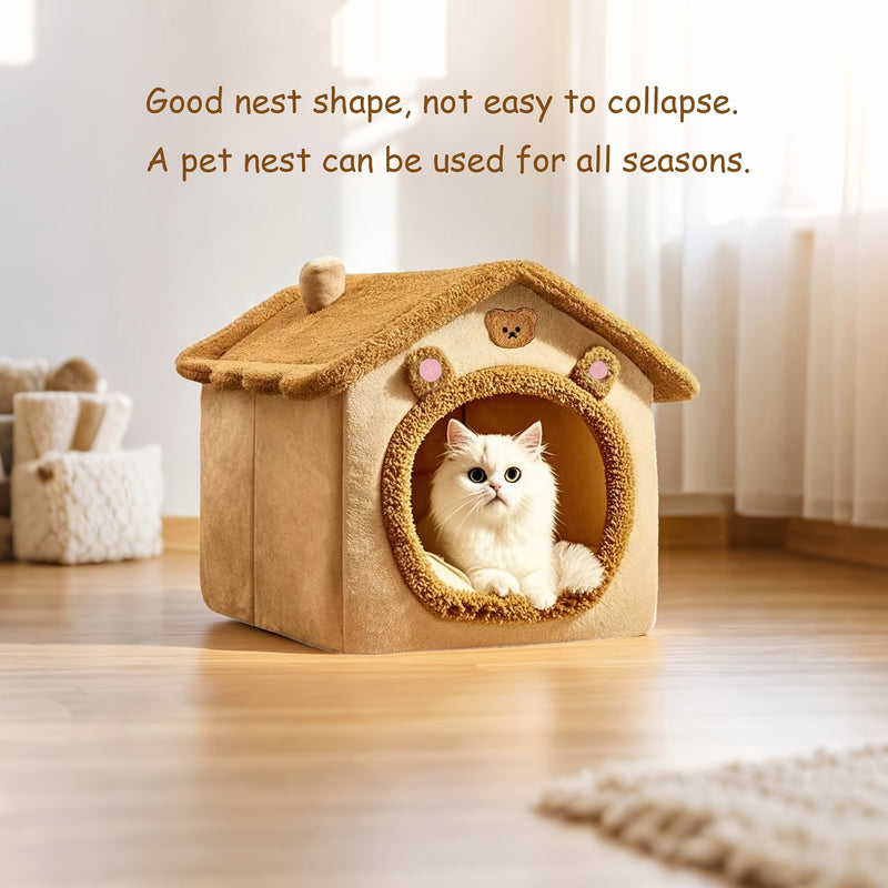 Casa Única para Pets em Estilo Vila Pequena Com Forro de Fleece Ártico e Fleece Curto, Fundo Antiderrapante Removível e Lavável, Ideal para Gatos e Cães Ultra-Pequenos, Pequenos e Médios.