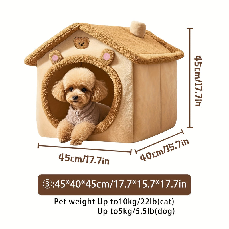 Casa Única para Pets em Estilo Vila Pequena Com Forro de Fleece Ártico e Fleece Curto, Fundo Antiderrapante Removível e Lavável, Ideal para Gatos e Cães Ultra-Pequenos, Pequenos e Médios.