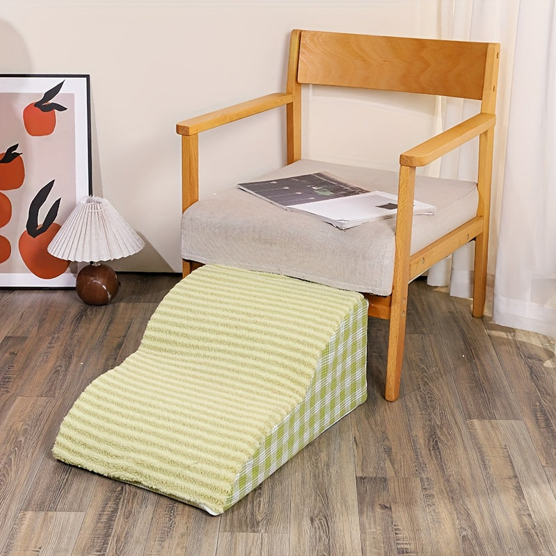 Rampa para Pets com 3 Degraus Antiderrapante para Cães de Pequeno a Grande Porte – Capa de Poliéster Xadrez Lavável com Revestimento Removível, Azul Claro, Bege e Verde, Ideal para Ambientes com Piso de Madeira, Degraus para Cães
