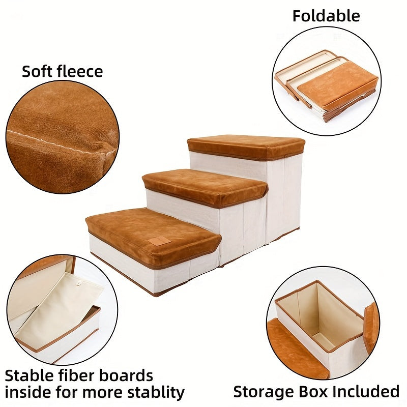 Escada Pet Dobrável com 3 Degraus e Espaço de Armazenamento | Montagem Fácil | Rampa Compacta para Cães e Gatos | Ideal para Camas e Sofás Altos
