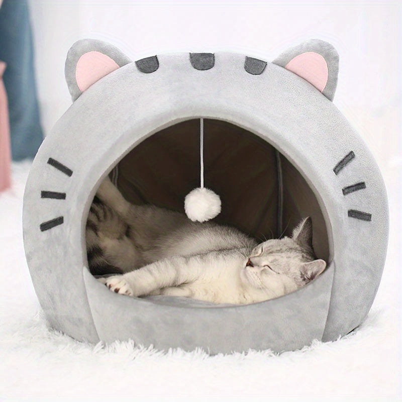Grande Cama Caverninha Confortável para Gatos de Interior – Cama para Gato com Capuz de Pelúcia Cinza com Orelhas Cor-de-Rosa Adoráveis, Interior Macio e Almofada Removível e Lavável – Perfeita para Aconchegar e Cochilar, Camas para Gatos.