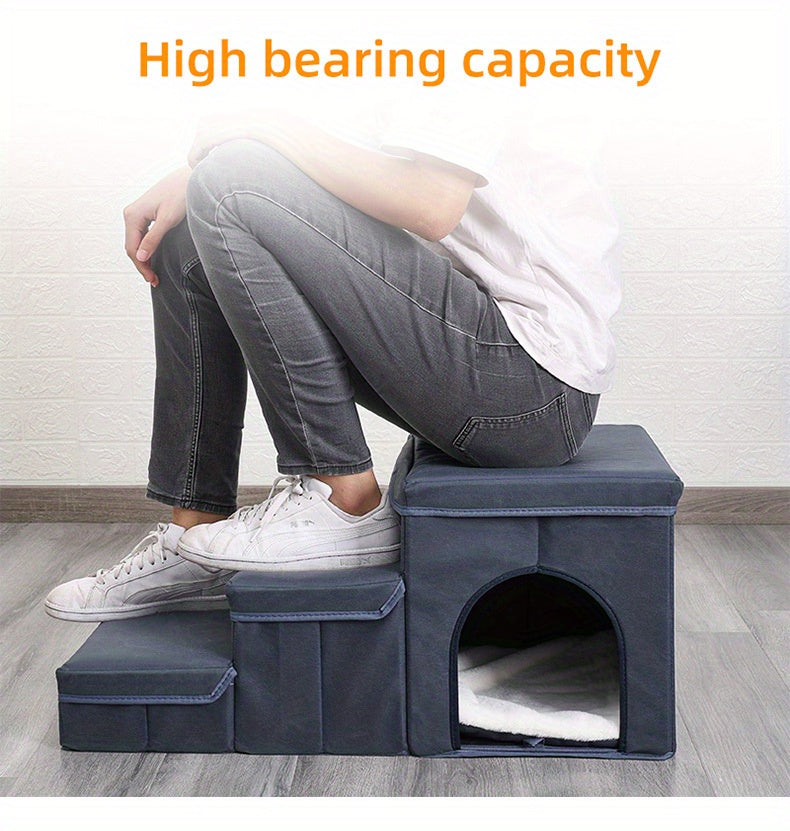 Escada Pet Dobrável para Cães de Pequeno e Mini Porte | Degraus em Poliéster com 2 Caixas Organizadoras | Acesso Fácil para Camas e Sofás