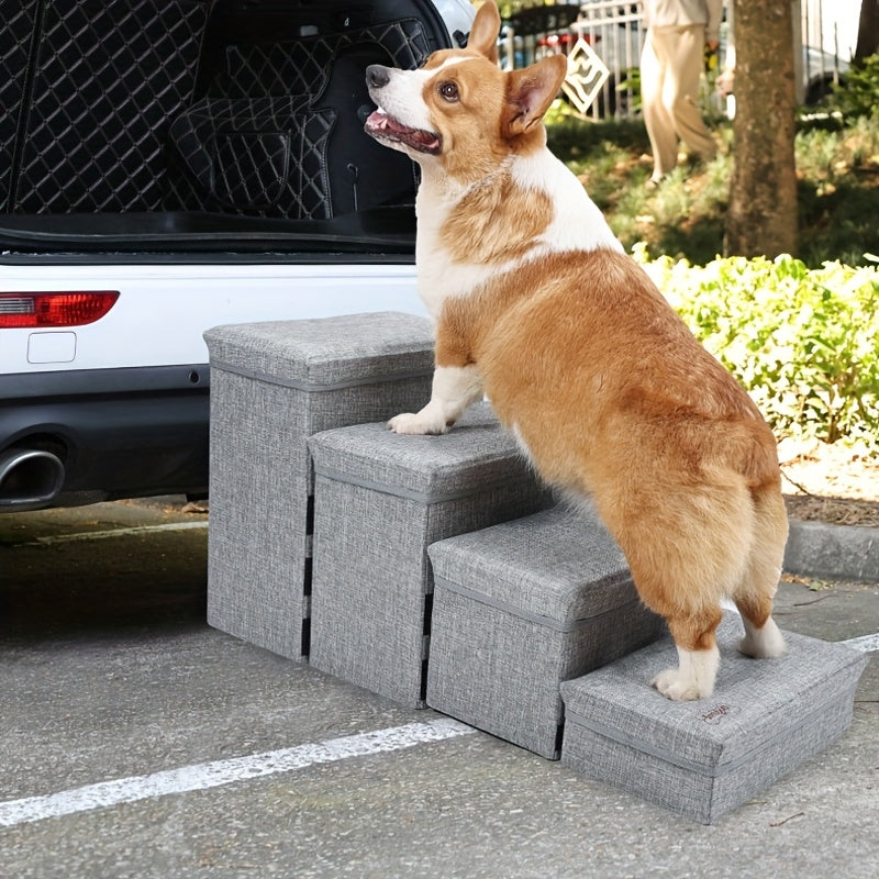 Escada Pet Dobrável com 4 Degraus e Espaço de Armazenamento | Altura de 39,8cm | Capa Impermeável e Macia | Ideal para Cães de Pequeno e Médio Porte
