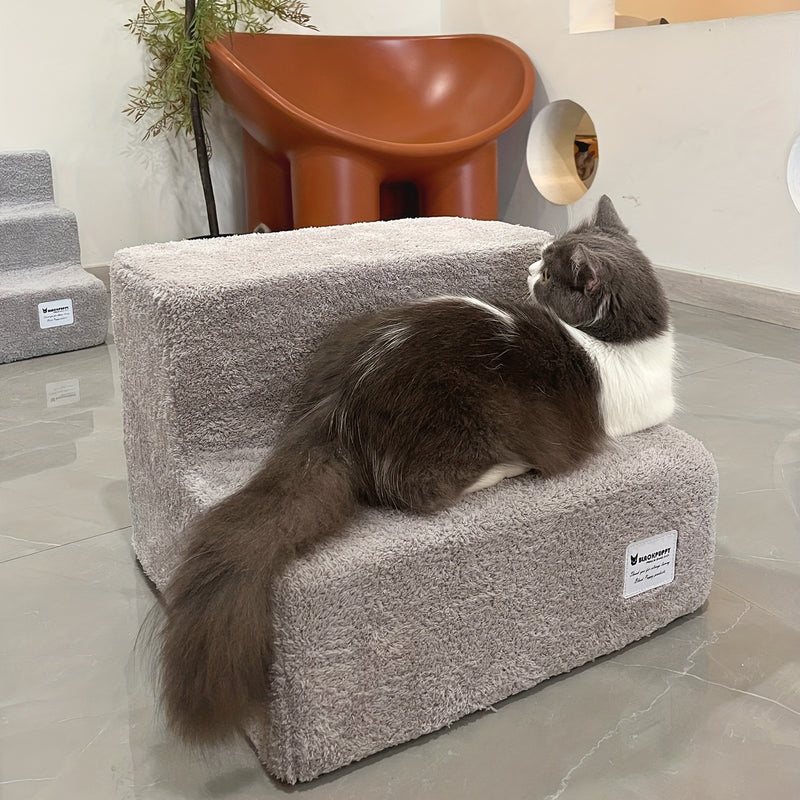 Escada Pet com 2 Degraus – Para Camas e Sofás Altos | Tecido Plush Cinza, Estrutura em Espuma | Design Aconchegante para Cães e Gatos de Pequeno Porte