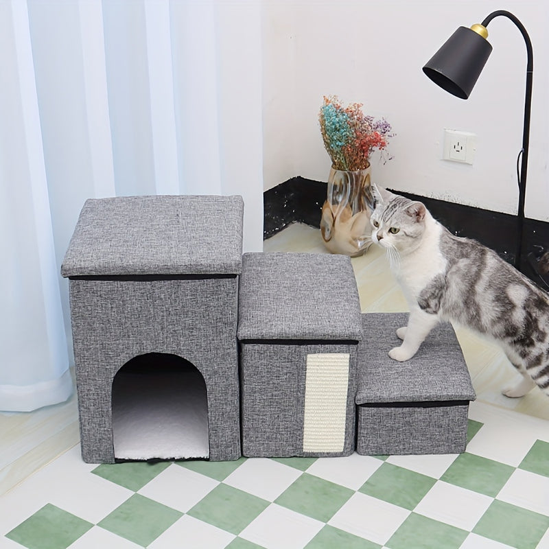 Escada Pet Grande com 3 Degraus e Espaço de Armazenamento | Dobrável, Antiderrapante e Aconchegante