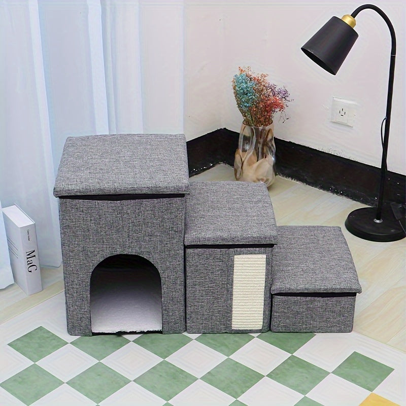 Casinha Multifuncional para Gatos com Escada de 3 Degraus | Sofá-Cama Dobrável para Gatos | Escada Antiderrapante |