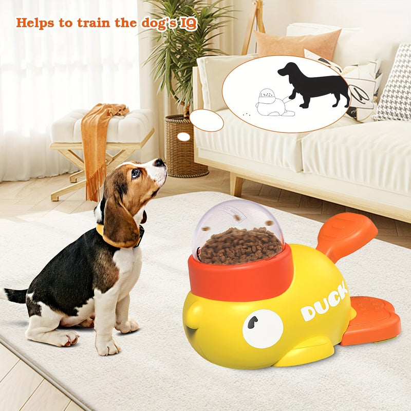 Brinquedo Interativo Dispensador de Petiscos para Cães com Botão – Comedouro Lento e Quebra-Cabeça, Design em Forma de Pato, Estimula Alimentação Saudável e Desenvolvimento Mental, Plástico Resistente.