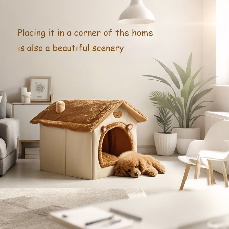 Casa Única para Pets em Estilo Vila Pequena Com Forro de Fleece Ártico e Fleece Curto, Fundo Antiderrapante Removível e Lavável, Ideal para Gatos e Cães Ultra-Pequenos, Pequenos e Médios.