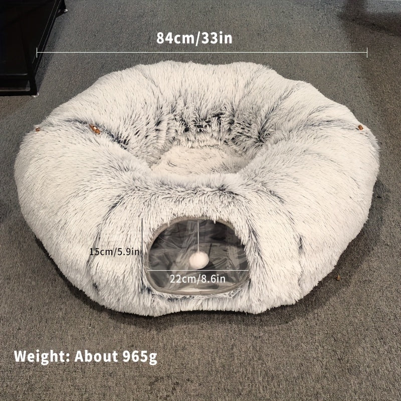 Túnel para Gatos com Cama – Túnel de Brincar com Tapete, Pelúcia Longa, Sono Profundo, Removível e Lavável, Passagem para Gatos Conectável e Multifuncional.