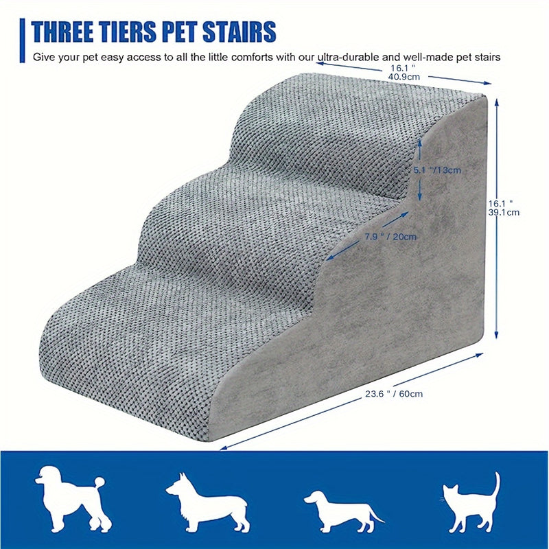 Escada Pet Extra Larga com 3 Degraus – Espuma de Alta Densidade e Base Antiderrapante | Ideal para Cães de Pequeno Porte, Idosos ou em Recuperação | Acesso Fácil a Camas e Sofás Altos