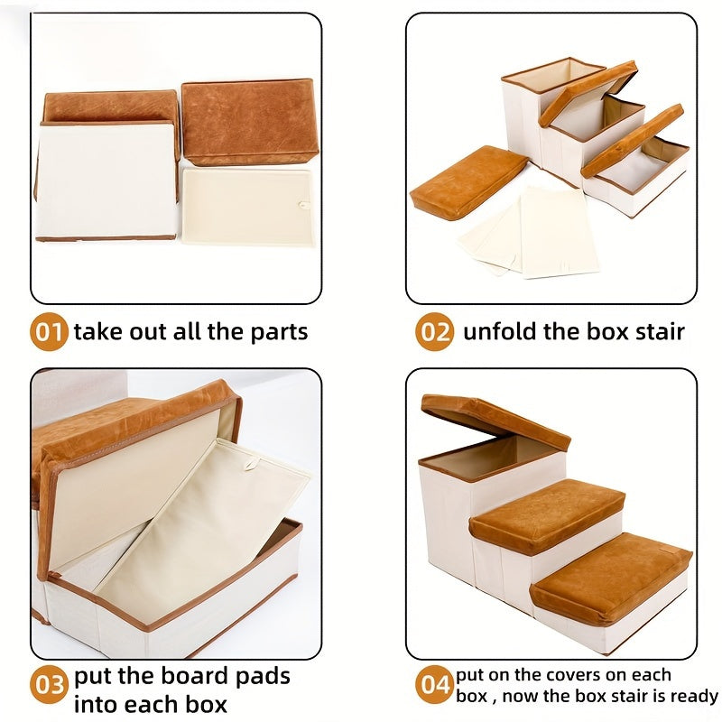 Escada Pet Dobrável com 3 Degraus e Espaço de Armazenamento | Montagem Fácil | Rampa Compacta para Cães e Gatos | Ideal para Camas e Sofás Altos