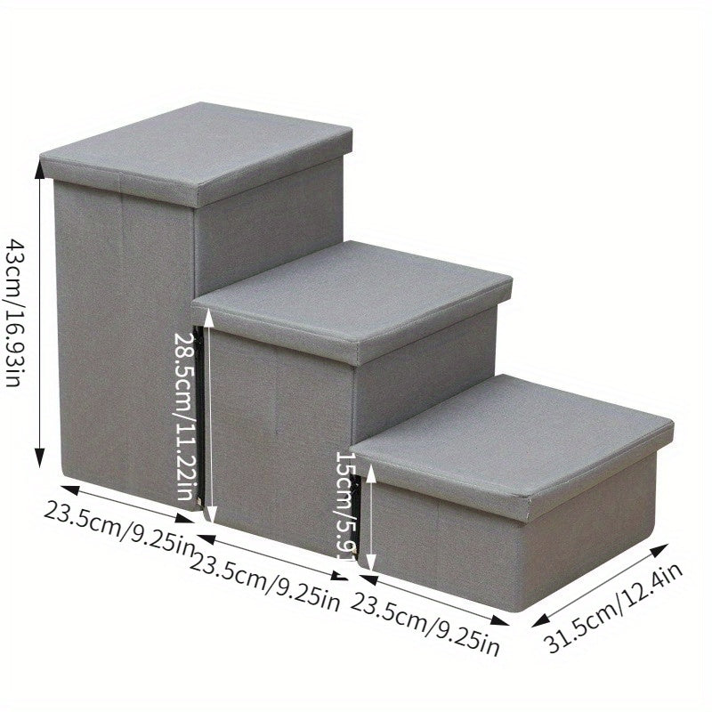 Escada Pet Dobrável com 3 Degraus e Caixas Organizadoras Removíveis | Tecido Oxford Cinza | Ideal para Cães de Pequeno e Médio Porte | Design Compacto