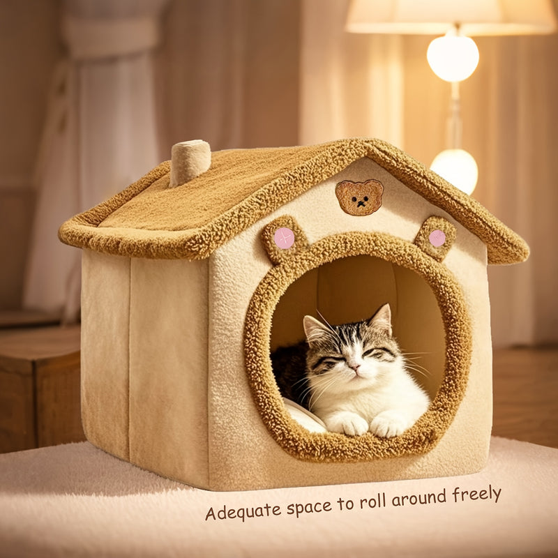 Casa Única para Pets em Estilo Vila Pequena Com Forro de Fleece Ártico e Fleece Curto, Fundo Antiderrapante Removível e Lavável, Ideal para Gatos e Cães Ultra-Pequenos, Pequenos e Médios.