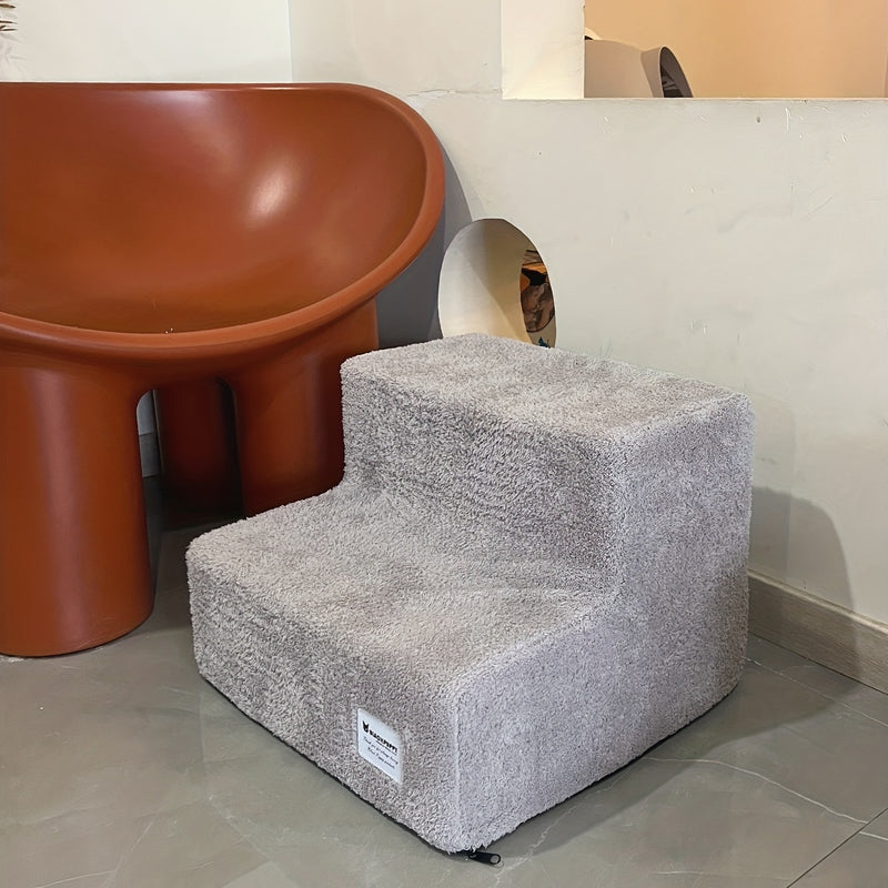 Escada Pet com 2 Degraus – Para Camas e Sofás Altos | Tecido Plush Cinza, Estrutura em Espuma | Design Aconchegante para Cães e Gatos de Pequeno Porte